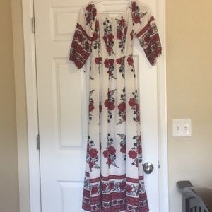 Red Flowery Maxi dress w/ White Slip on